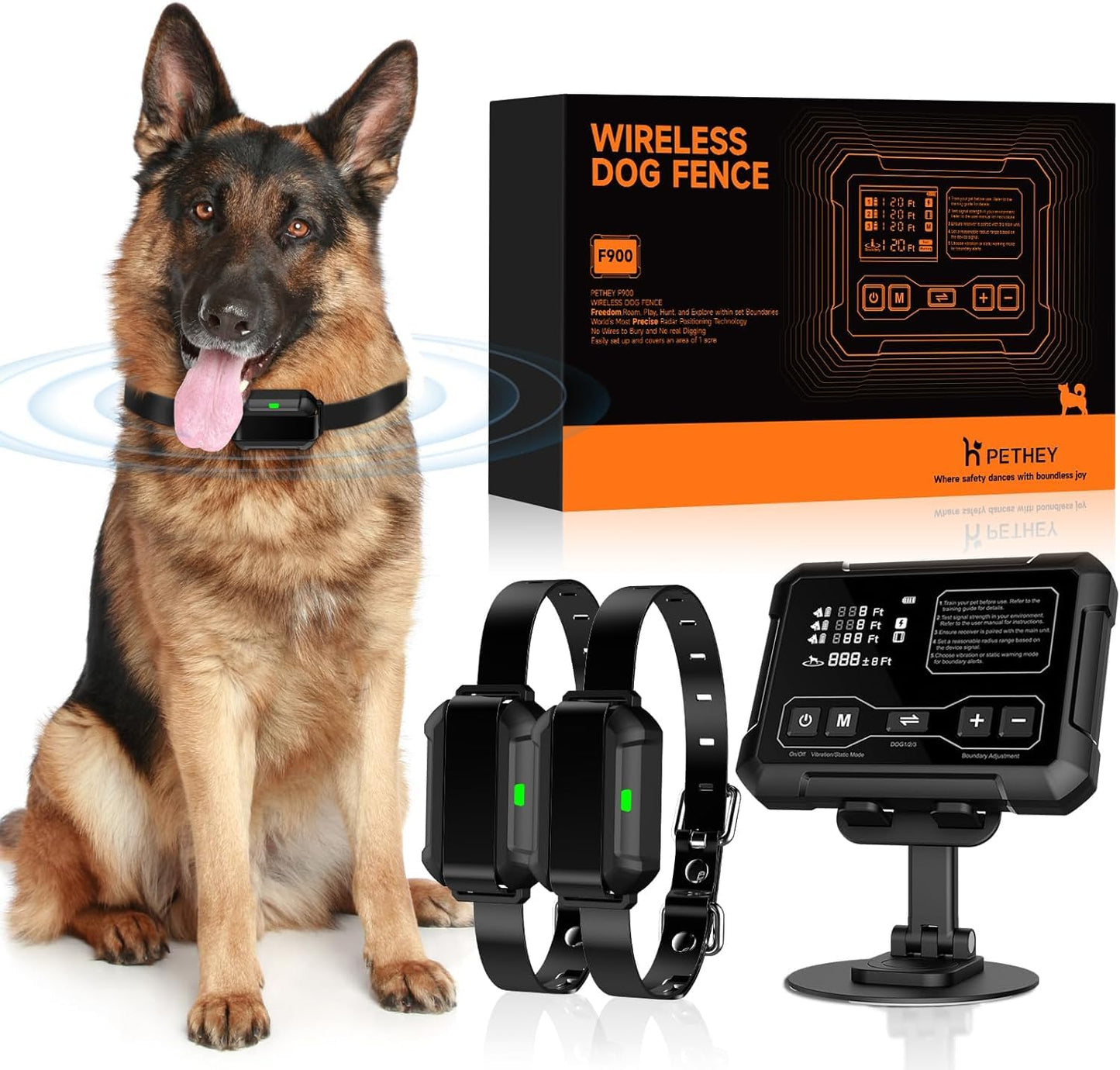 PETHEY Wireless Dog Fence System, Indoor & Outdoor, 1 Acre High-Precision Radar Wireless Dog Fence System, Real-time Monitoring, 9-26in Medium & Large Breeds, Not Limited by GPS Signal (for Two Dogs)