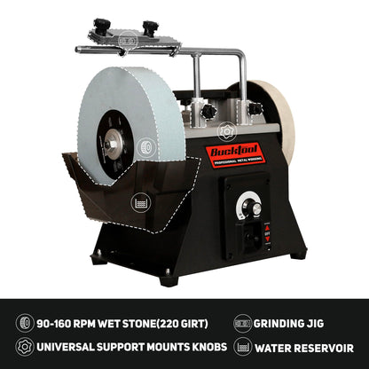 BUCKTOOL 10-Inch Variable Speed Wet Sharpening System, 1.2-Amp Two-Direction Water Cooled Wet Stone Grinder 90-160RPM, Wet Bench Grinder for Knife, Chisel, Knife, Axe, SCM8103