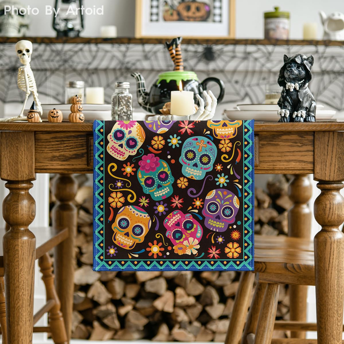 Artoid Mode Suger Skulls Floral Day of The Dead Table Runner, Halloween Seasonal Kitchen Dining Table Decoration for Home Party Decor 13x108 Inch