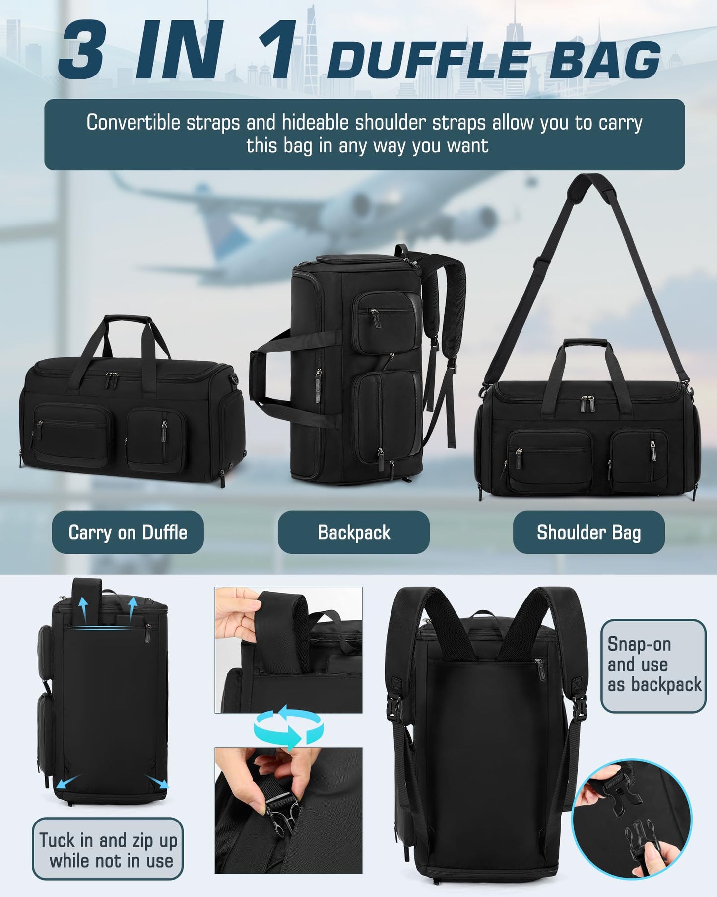 RAINSMORE Convertible Garment Bags for Travel, 45L Garment Duffle bag for Hanging Clothes, 3 in 1 Suit Travel Bag for Business Trips with Shoulder Strap, Carry On Suit Luggage for Men Women, Black