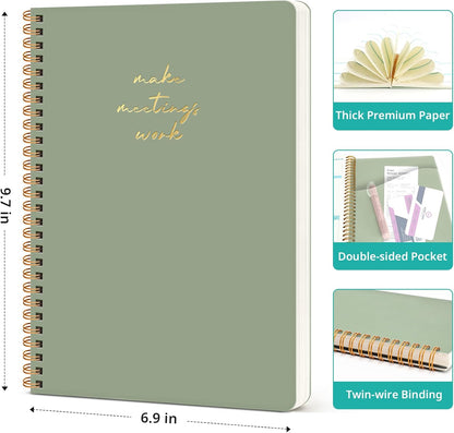 6 Pack of Meeting Notebook for Work Organization - Work notebook with action items, Meeting Minutes Planner Notebook, Perfect Office Supplies for Men & Women - Green