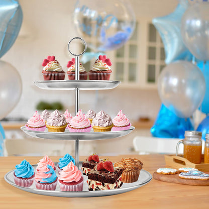 LIAISIMI 3 Tier Silver Cupcake Stand Stainless Steel Dessert Display Rack with Removable Tiered Tray for Parties,Weddings,Birthdays,Decorations,Any Festivals and Festivities(Stainless Steel Pole)