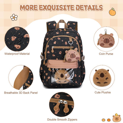 Similove Capybara Theme Backpack for School Girls, 35PCS Kids Backpack Set with School Supplies Stationery Kit Lunch Box Pencil Case, Cute Girls Bookbag for Kindergarten Elementary Student