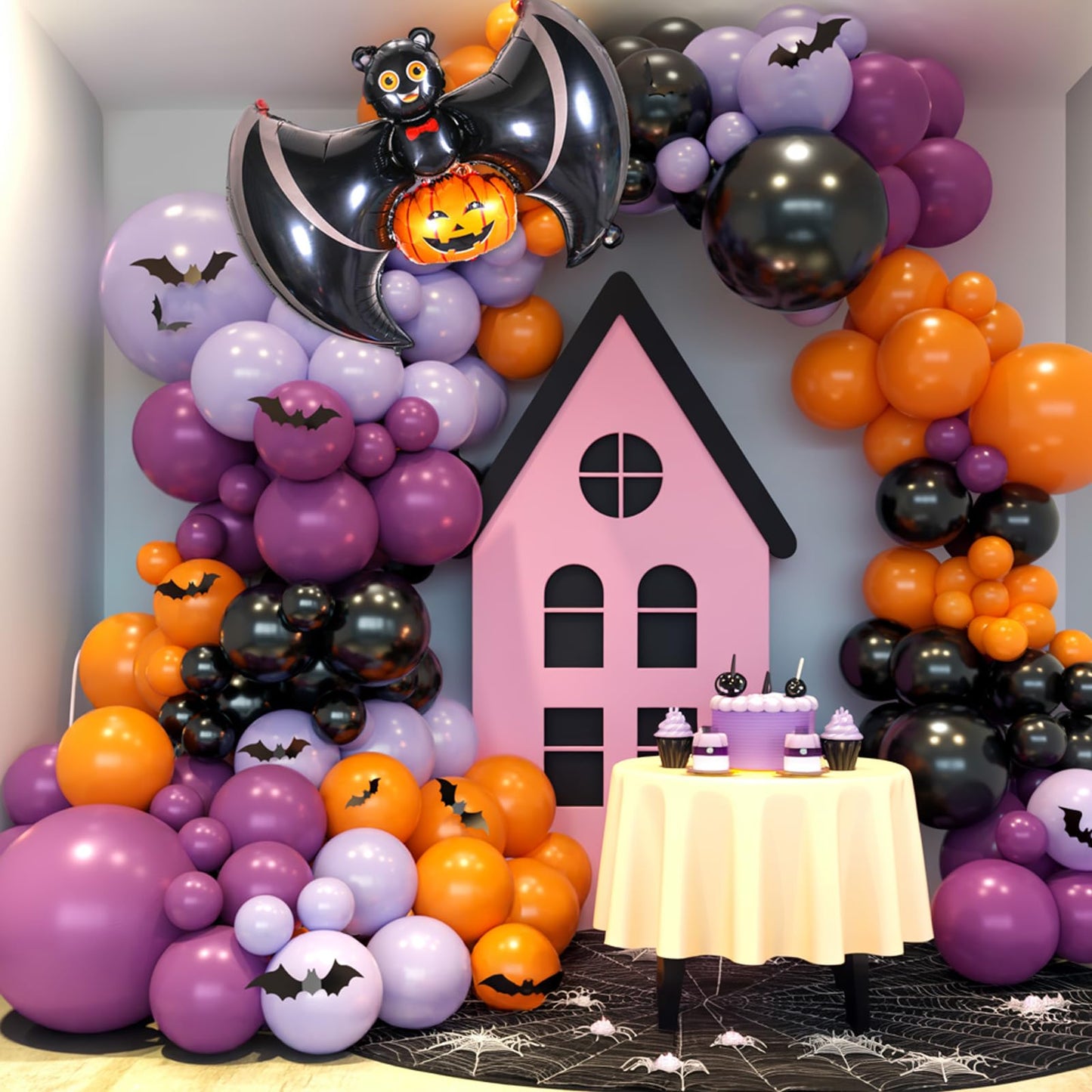 Halloween Balloon Arch Garland, Pink Purple Balloons with Star Cute Ghost Boo Foil Balloon, Metallic Purple Pink Black Latex Balloons Bat Stickers for Kids Girls Birthday Halloween Party Decorations