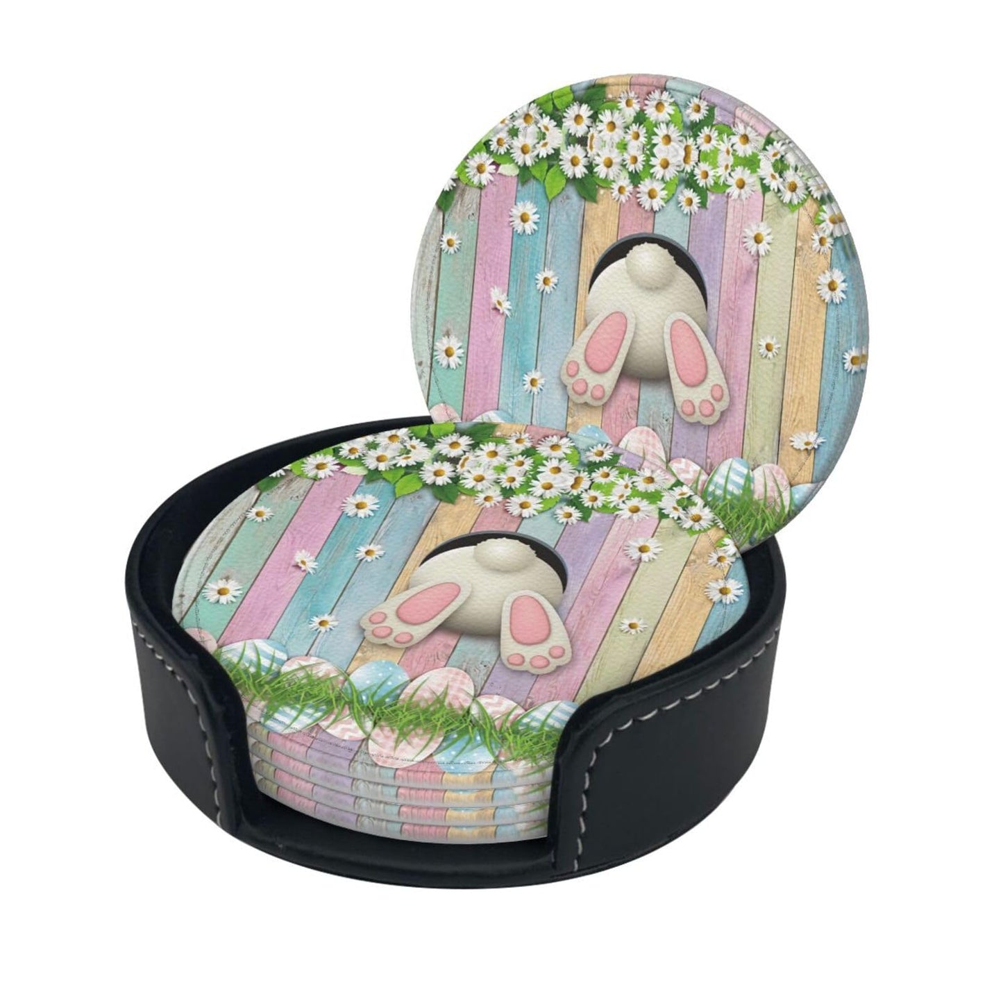 6 Pack Cute Easter Eggs Bunny Coasters for Drinks with Holder, Leather Coasters for Kitchen,Coffee Decor
