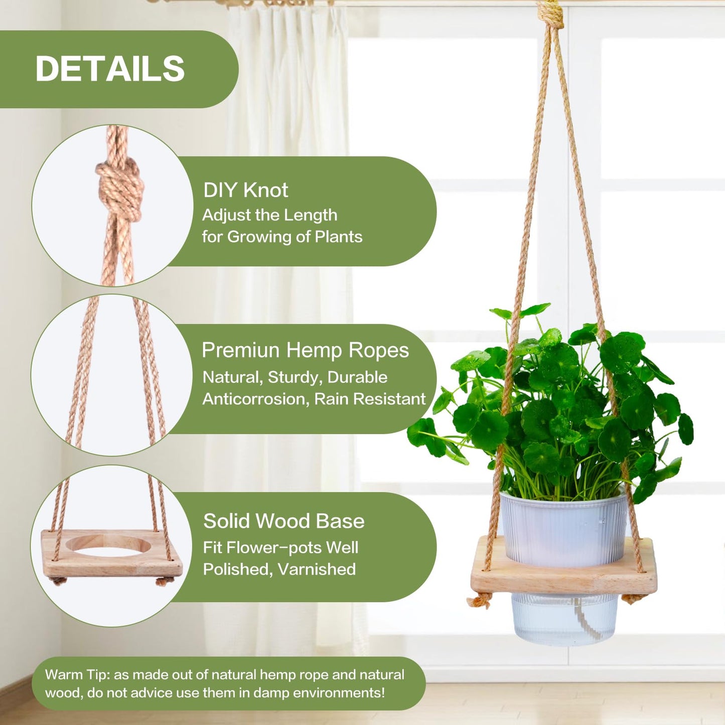2 Pack Adjustable Hanging Plant Hanger, Hanging Planter Shelves for Indoor Plants, Hanging Flower Pots Holder, Wood Wall Hanging Planter Hanger for Window Ceiling Porch Deck Patio(Pots not Includ)