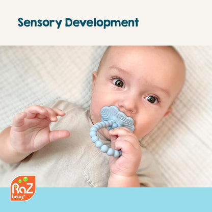 RaZbaby RaZberry Plus Baby Teether – Easy-to-Hold Toy for Front & Back Teething Relief, BerryBumps Texture for Sensory Development, Soothes Sore Gums, BPA-Free, Great Gift for Babies 3M+ – Grey