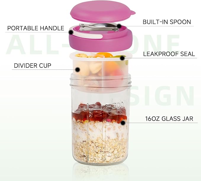 Overnight Oats Containers with Handles & Lids – 16oz Glass Mason Jars with Spoons & Fruit Compartments, Chia Pudding Jars with Lids, 4 Sets (Cream, Dark Blue, Purple, Green)