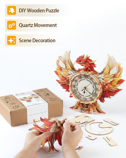 Rnfinewow 3D Wooden Puzzles for Adults, 3D Puzzle Phoenix Clock (with Pendulum), 3D Puzzles for Adults Teens Home Decor Clock Crafts for Adult Puzzle Gifts for Adult