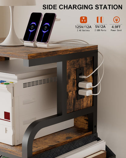 Tall Printer Stand with Storage Adjustable Shelf and Bag, 4-Tier Large Printer Table with Charging Station for Home Office, Printers Cart with Wheels for 3D Shredder Scanner Fax