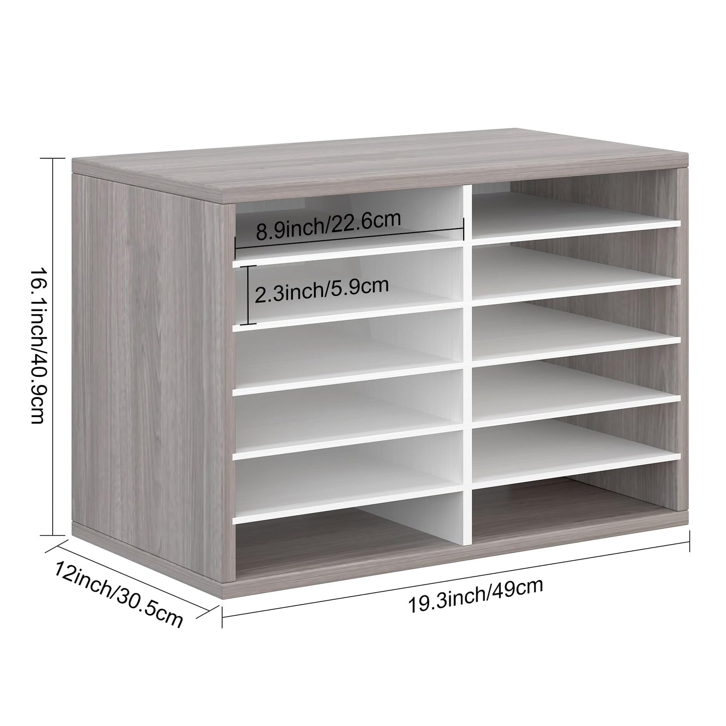 EasyPAG 12 Compartments Wooden Literature Organizer with Adjustable Shelves, 6000 Sheets Capacity Paper Organizer, Classroom Mailbox and Mail Sorter for Teachers and Office, Retro Gray/White
