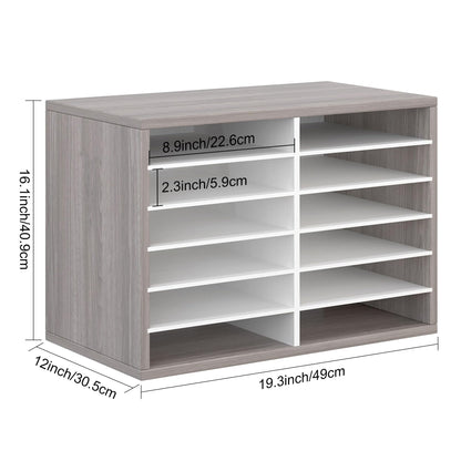 EasyPAG 12 Compartments Wooden Literature Organizer with Adjustable Shelves, 6000 Sheets Capacity Paper Organizer, Classroom Mailbox and Mail Sorter for Teachers and Office, Retro Gray/White