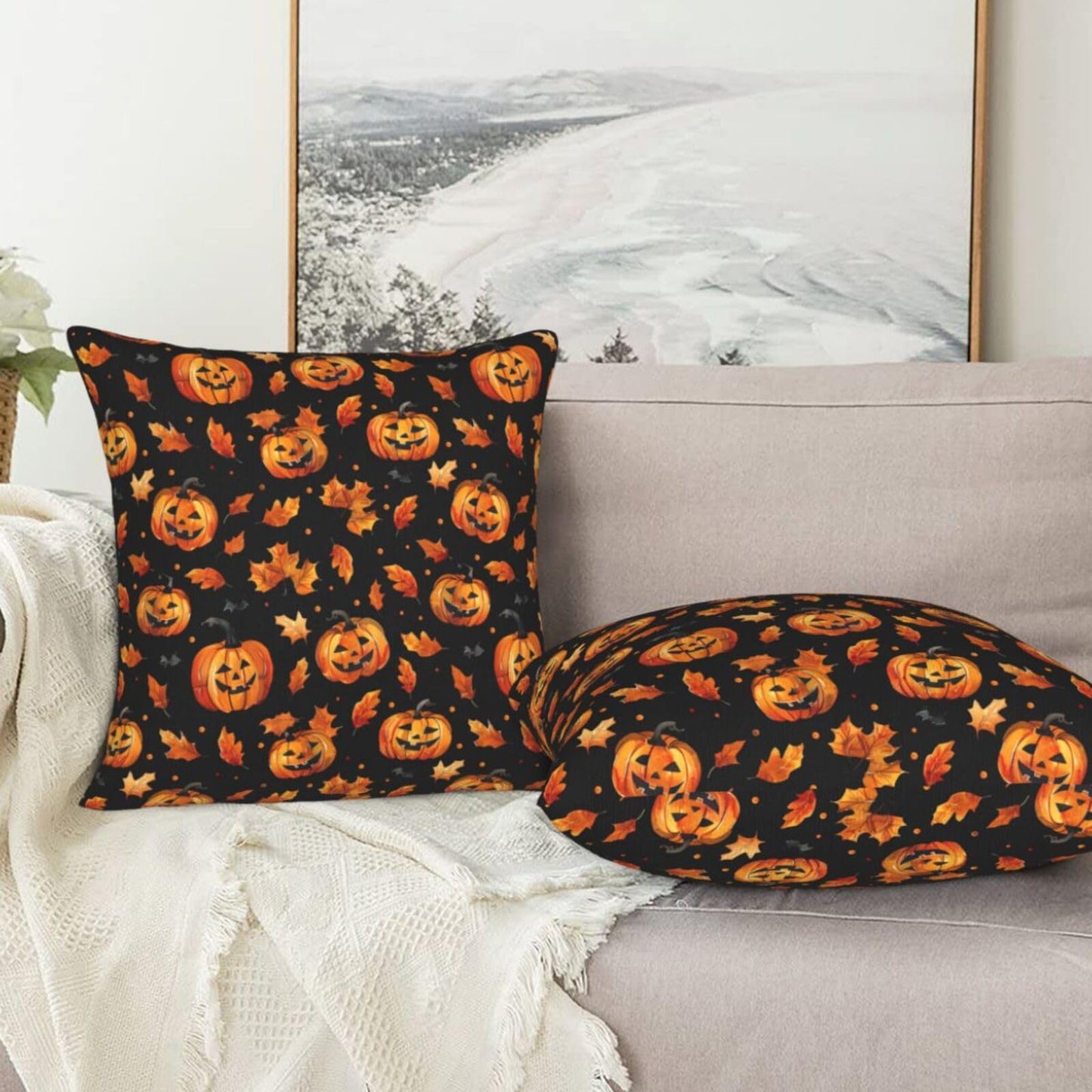 Famame Decorative Pillow Covers Set of 2 Halloween Scary Pumpkins Leaves Throw Pillows Cover 18x18 inch Square Pillowcase Couch Cushion Cases for Sofa Living Room Bedroom Home Decor