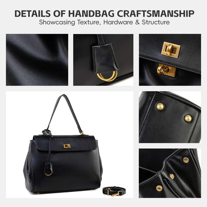NGGU Black Leather Tote Bag for Women,Soft Leather Shoulder Handbags for Ladies,Satchel Purse for Travel Work & Medium & Black Leather & Gold Clasp