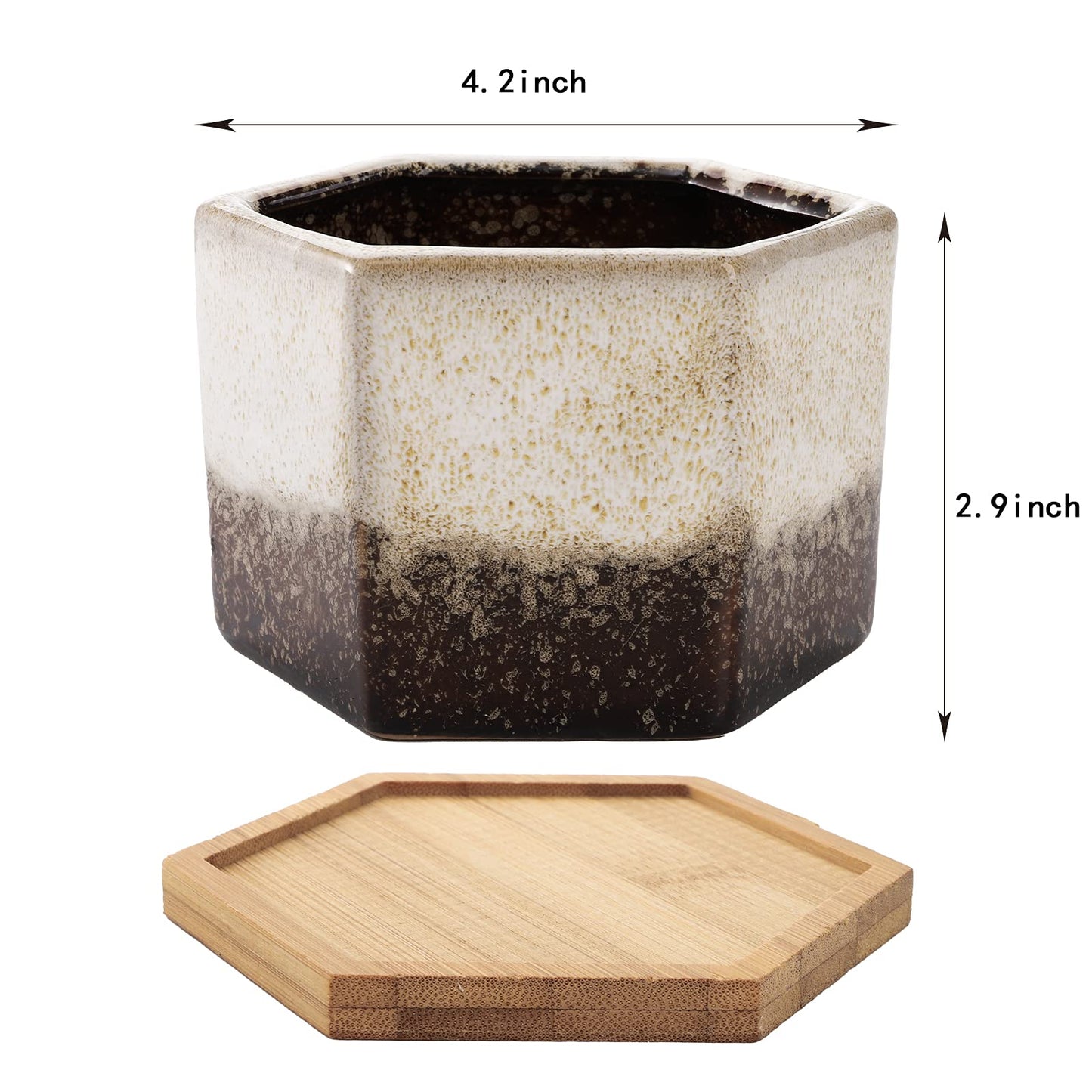 TOPZEA Set of 5 Succulent Planter Pots, 4.2 Inch Hexagon Glazed Ceramic Small Cactus Pot, Geometric Mini Flower Plant Container with Drainage Hole & Bamboo Tray for Home, Office, Windowsill, Desk