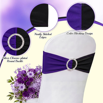 Moukeren 12 Pcs Black and Purple Spandex Chair Sashes Halloween Party Stretch Chair Ties Bows with Buckle Slider Blocking for Halloween Holiday Birthday Party Banquet Decoration