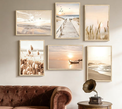 Beach Wall Art Boho Coastal Wall Decor, Neutral Beige Ocean Beach Pictures Wall Art, Set of 6 Minimalist Nature Grass Prints for Bedroom Bathroom Living Room, Unframed Canvas Posters 12x16in