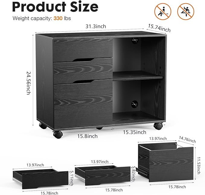 UOCFYK File Cabinet with 3 Drawers, Mobile Lateral Filing Cabinet with Open Storage Shelves for Home Office Under Desk Storage, Black
