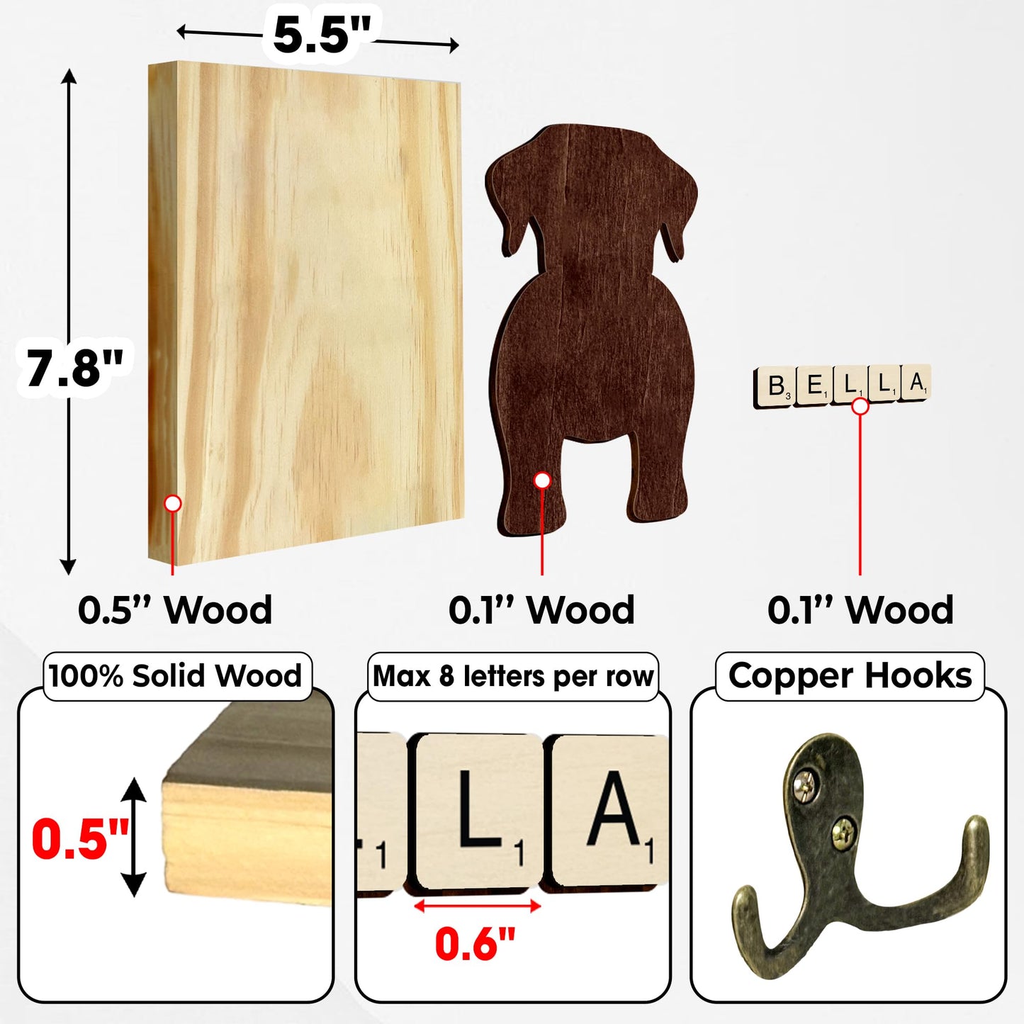 Labrador Retriever Dog Leash Holder Wall Mount with Scrabble Letters, Wooden Dog Wall Hook Organizer, Pet Collar and Harness Holder Entryway, Key Hook & Leash Rack, Home Decor for Pet Lovers PF297-48