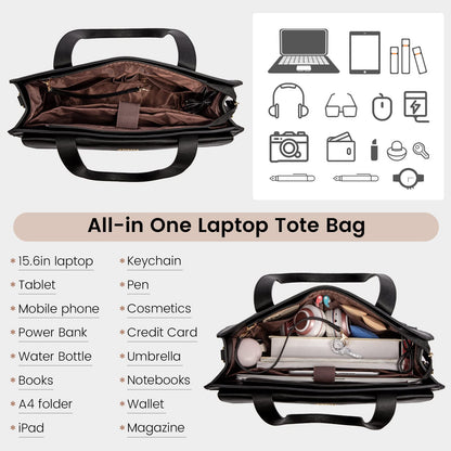 LOVEVOOK Laptop Tote for Women - 15.6 Inch Professional PU Leather Computer Briefcase, Waterproof Handbag, Large Capacity Business Teacher Office Bag, Crossbody Purse - Black