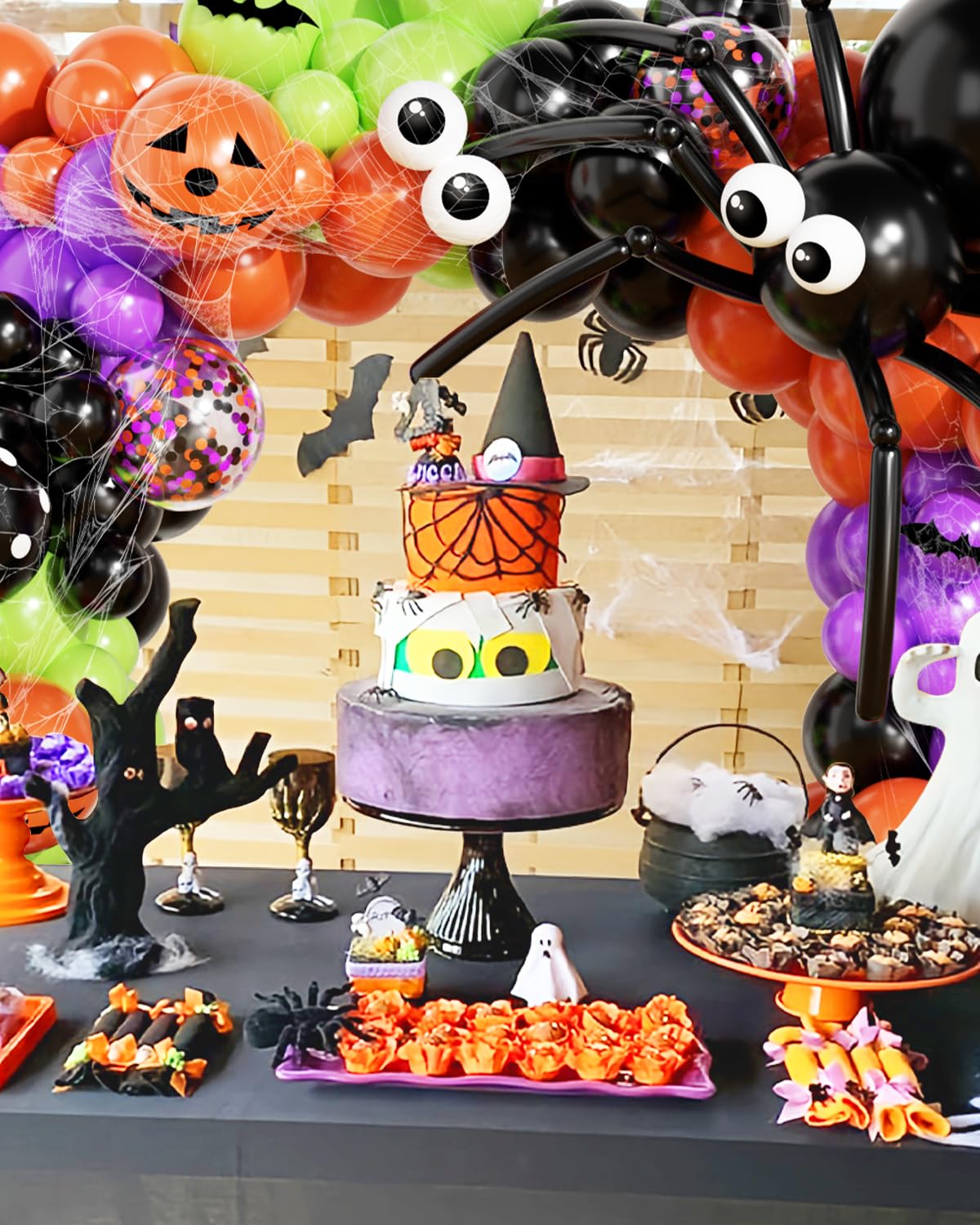 136Pcs Halloween Balloon Garland Arch Kit with Purple Black Orange Green Eyes Balloons, Bats, Spider Web for Halloween Party Decorations