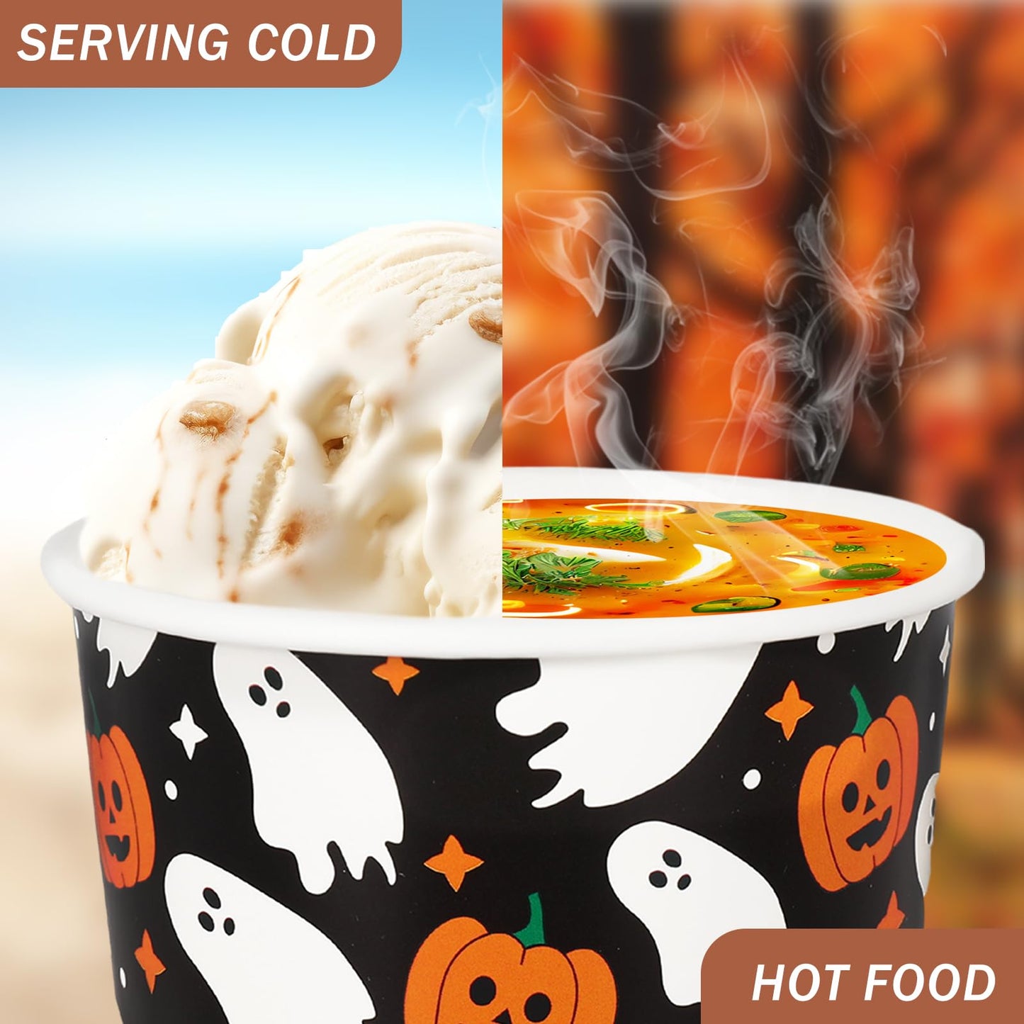 JarThenaAMCS 50Pcs Halloween Treat Snack Cups 8oz Pumpkin Ghost Ice Cream Bowl Spooky Disposable Paper Bowls for Hot Cold Food Halloween Decorations