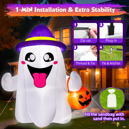 5FT Halloween Inflatables Ghost with Pumpkin Halloween Decorations Outdoor Built-in Bright LED Lights Blow Up Yard Decoration Blowups for Garden Lawn Indoor Party Holiday