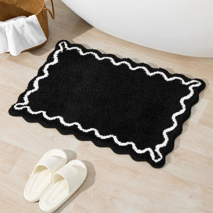 ORTIGIA Black Bath Mat with White Scallop Non Slip, Quick Dry Bath Rug Absorbent Soft Plush Microfiber Bathmat for Bathroom Floor Carpet for Sink Bedroom, 20x32