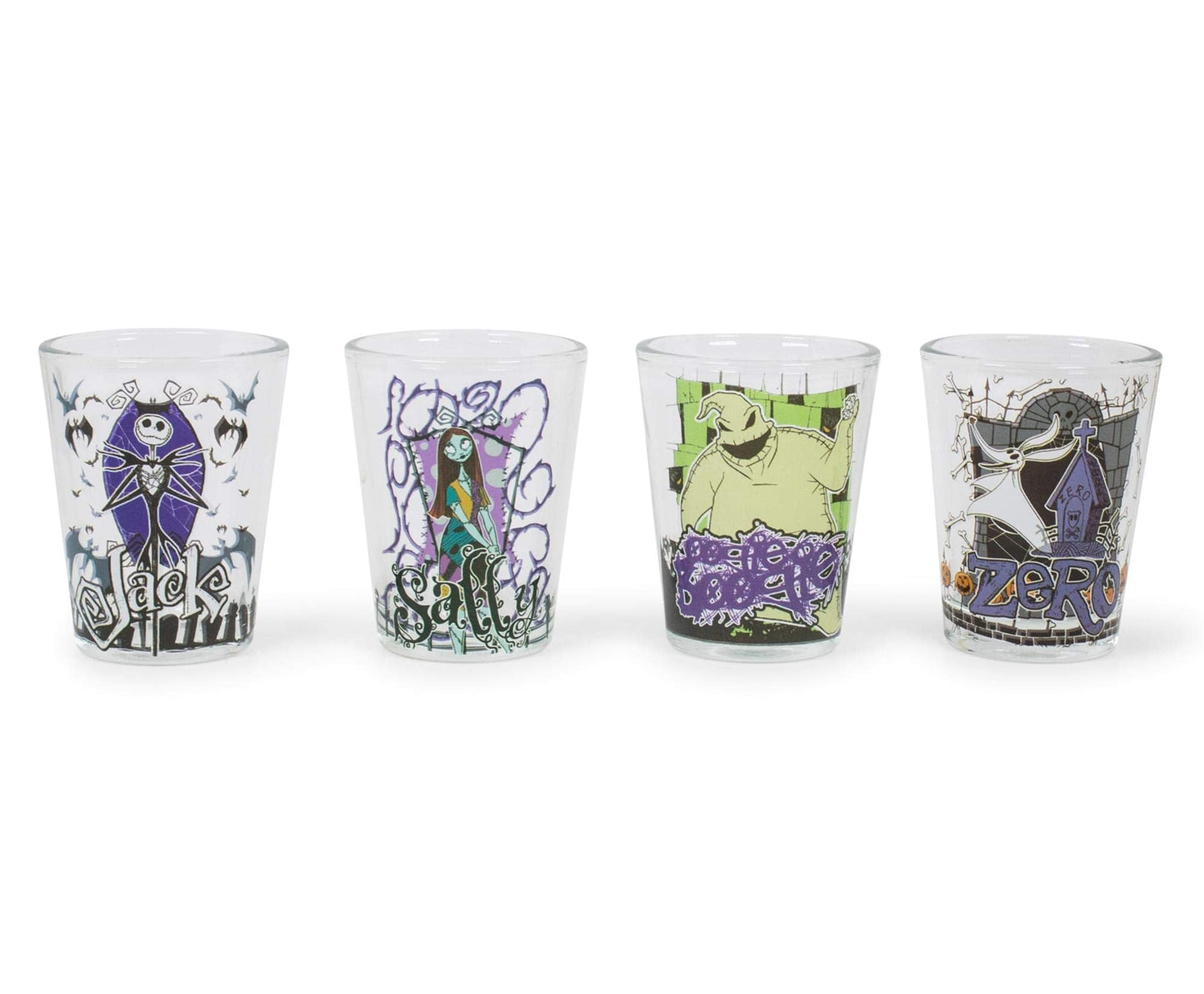 Silver Buffalo Disney Nightmare Before Christmas Featuring Jack Skellington, Sally, Oogie Boogie, and Zero 4 Pack Mini Glasses, 1.5 Ounces