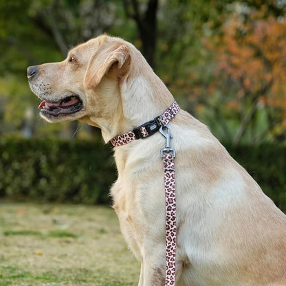 Dog Collar Leash Set, Leopard Pattern, Polyester Material, Adjustable Collar and 5ft Matching Leash, for Large Dogs.(L, Light Coffee Leopard)