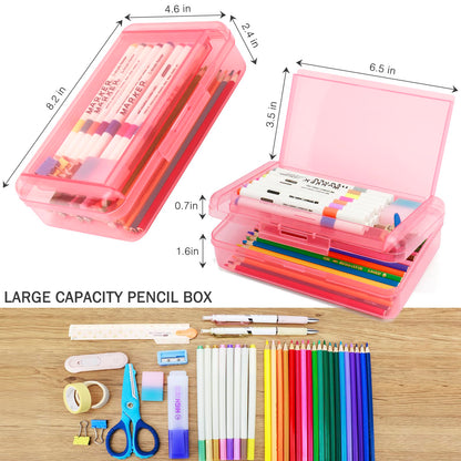 Nuozme Double Layer Large Capacity Pencil Box,Plastic Translucent Pencil Box, Hard Pencil Cases with Snap-Tight Lid for Pens, Pencils, School Supplies,Office Supplies,Medium-sized,1 Pack