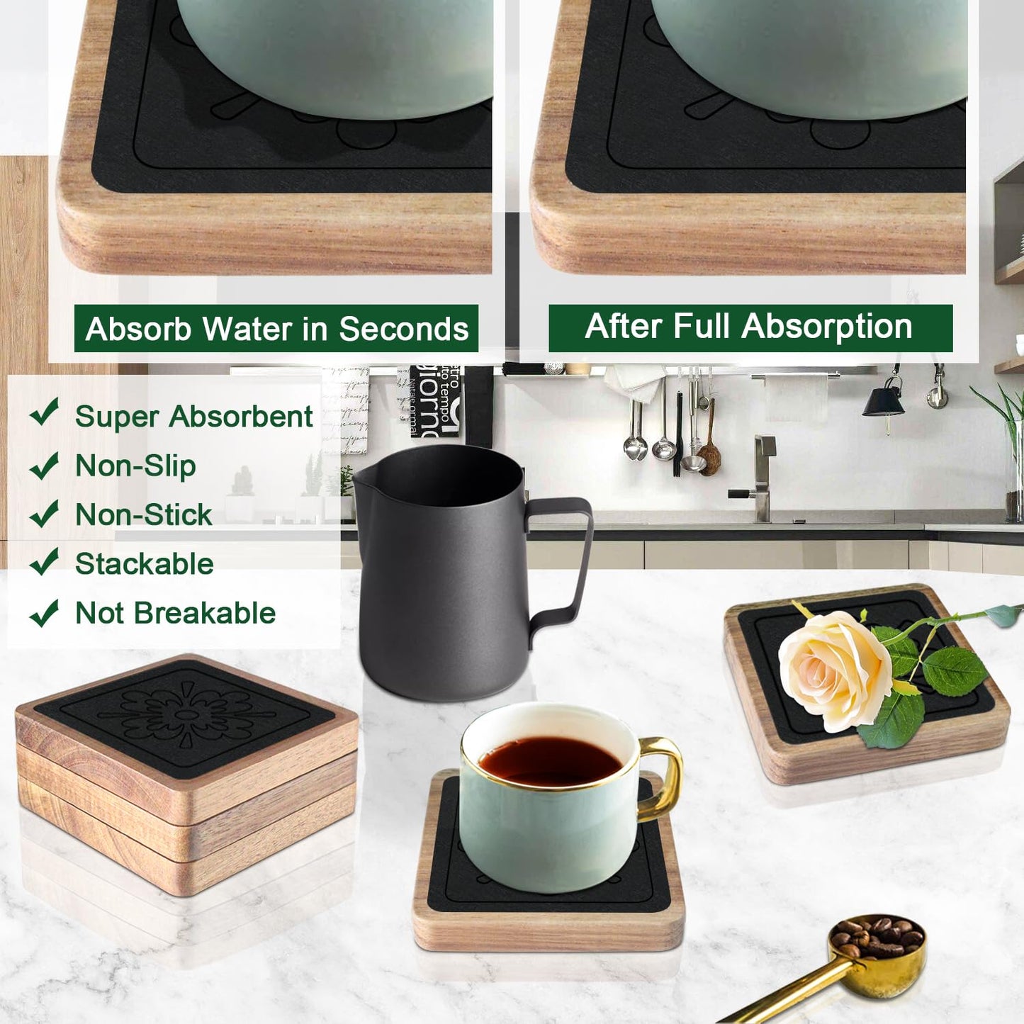 EDEGG Square Coasters for Drinks, Absorbent Coaster Sets of 5, Wood Drinks Coasters for Coffee Tabletop Protection, Non-Slip, Non-Stick, Suitable for Kinds of Cups Wooden Table Drink, 4.1 Inches Black