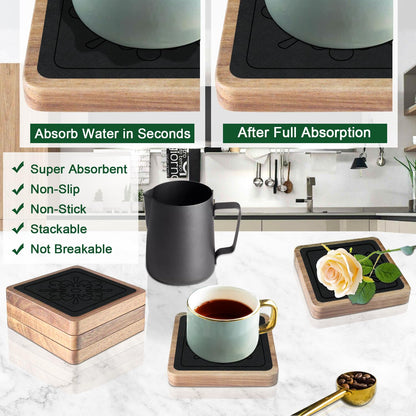 EDEGG Square Coasters for Drinks, Absorbent Coaster Sets of 5, Wood Drinks Coasters for Coffee Tabletop Protection, Non-Slip, Non-Stick, Suitable for Kinds of Cups Wooden Table Drink, 4.1 Inches Black