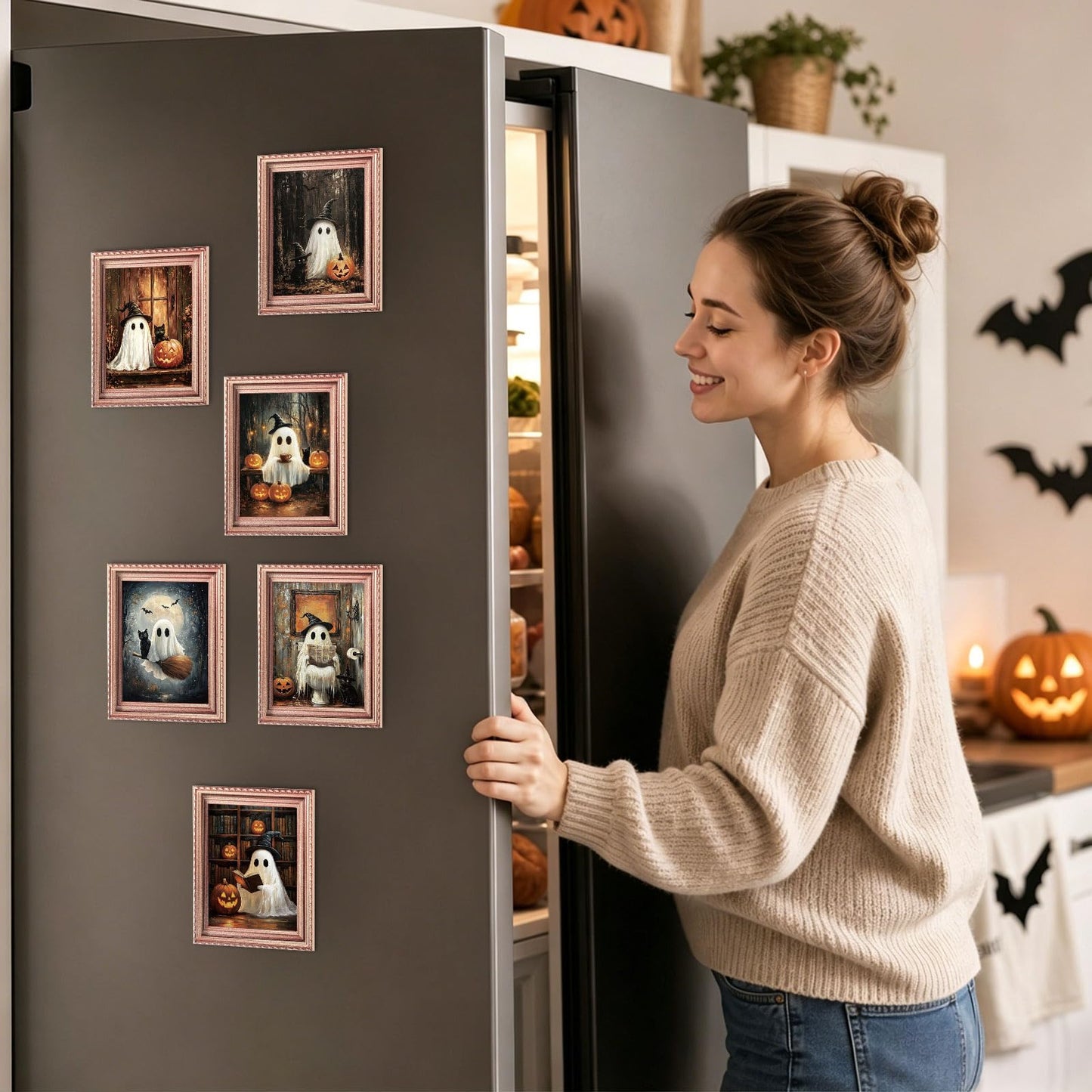 Whaline 6 Pcs Halloween Refrigerator Magnets Cute Ghost Black Cat Pumpkin Mini 3D Art Frame Magnets Spooky Fridge Magnetic Stickers Decal for Party Kitchen Home Cruise Door Locker Decor