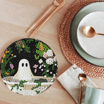 ijbnhd 8 Pack Halloween Diamond Art Coasters Kits, Halloween Diamond Painting Coasters Kit with Holder, DIY Ghost Diamonds Art Non Slip Coaster Crafts Kits for Adults Gifts 4x4 inch (Cork Wooden Pad)