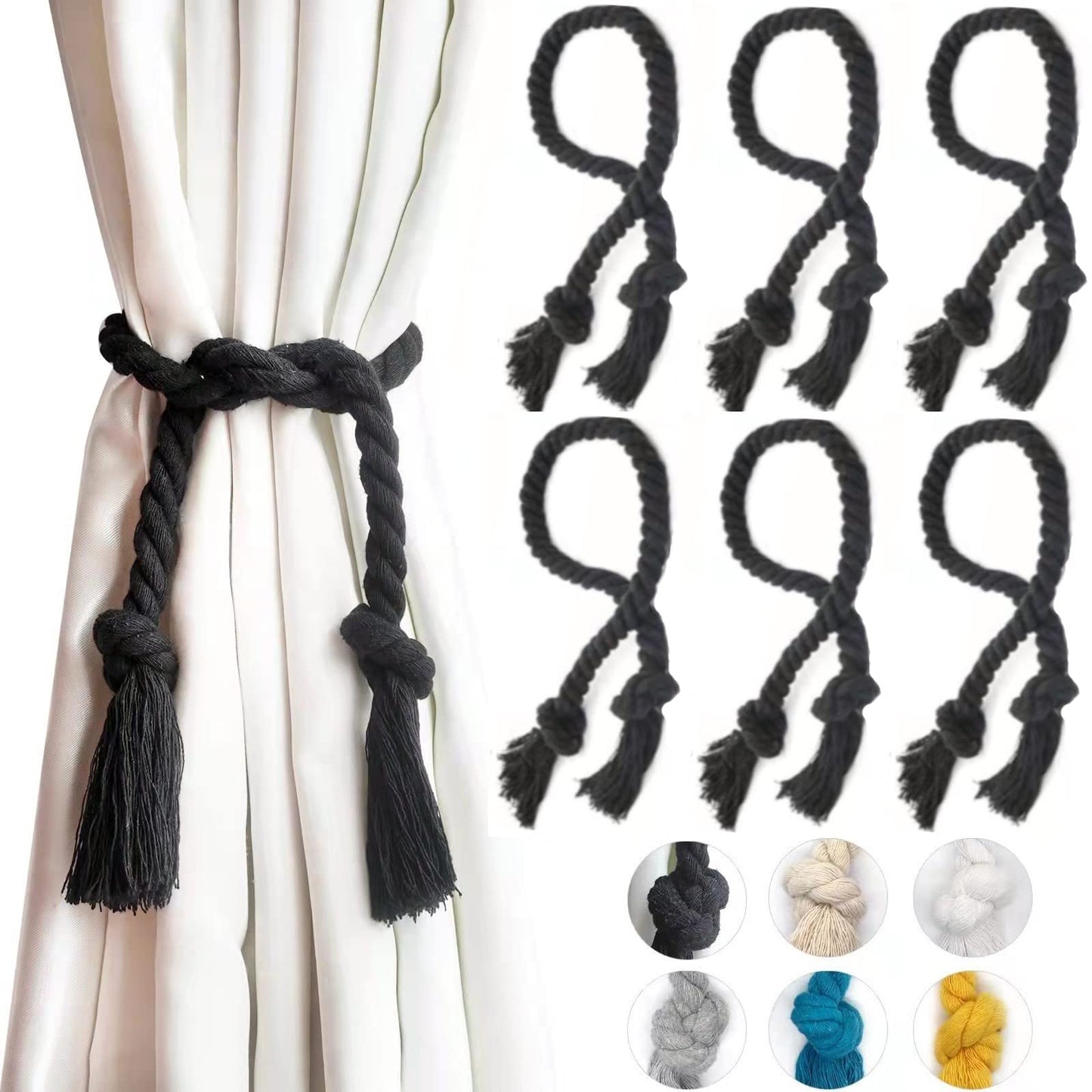 Yteseery 6 Pack Curtain Ties Rope, Outdoor Curtain Tiebacks for Patio Gazebo Pergola Cabana, Natural Cotton Curtain Holders, Village Rural Rustic Farmhouse Curtain Holdbacks for Drapery, Black