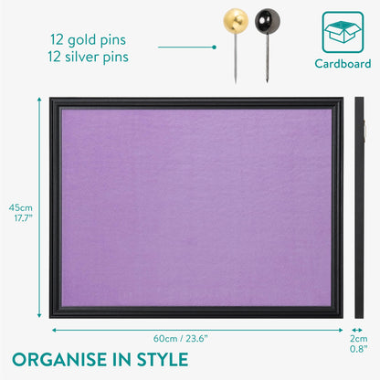 Navaris Framed Fabric Bulletin Board - 18 x 24 inches Plush Jewelry Organizer Pinboard for Wall - Memory Memo Pin Board - Purple with Black Frame