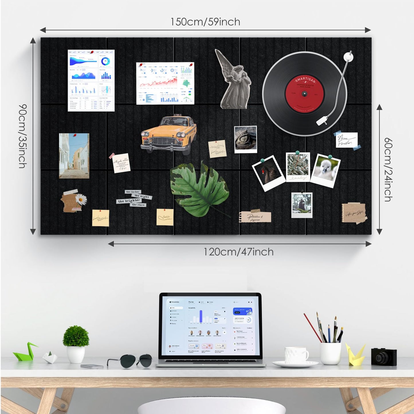Bulletin Board 47" X 24" Cork Boards for Wall Alternative 8 Pack Black Fine-Stripe Felt Bulletin Board 48 Safe Adhesive 35 Push Pins for Office School Home Room Decor