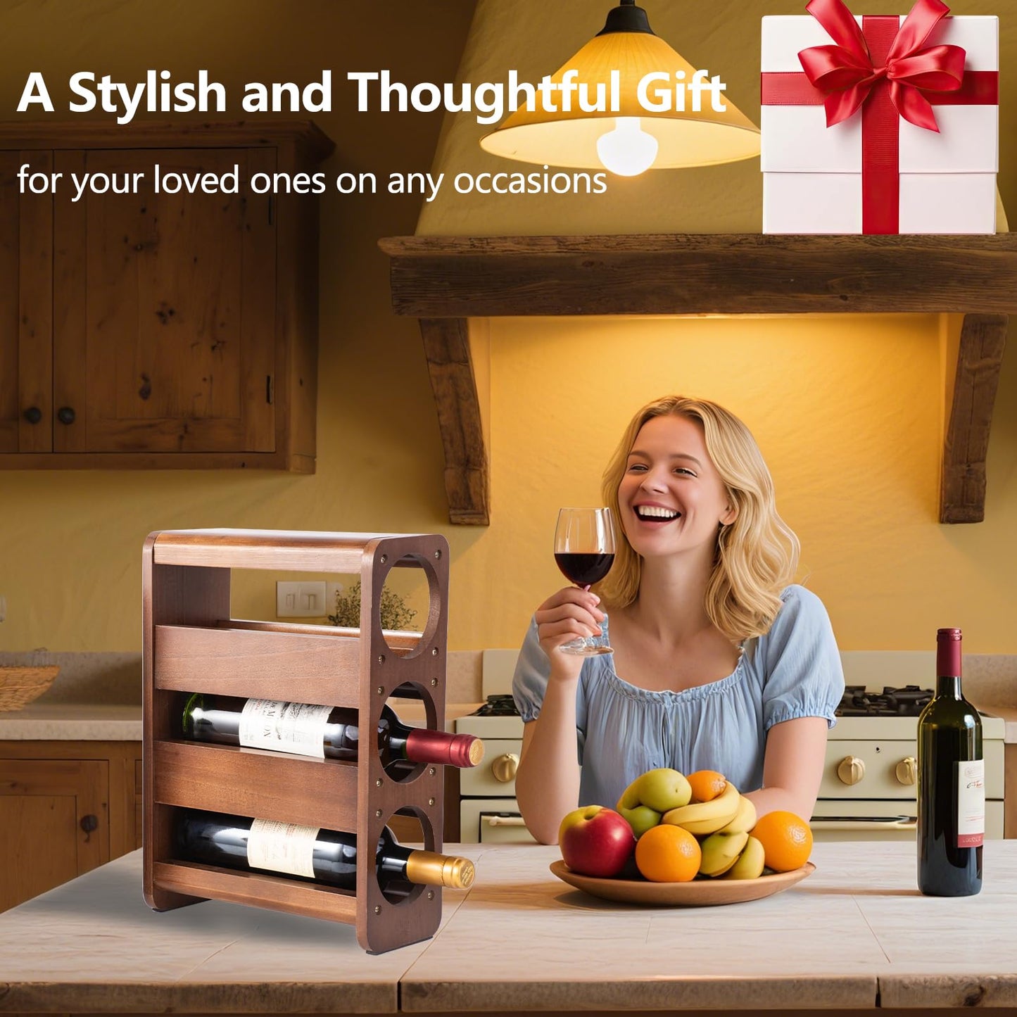 Wine Rack Countertop Pine Wood Wine Bottle Holder, 3 Bottles Wine Rack for Inside Cabinet, Pantry, Kitchen Bar, Wine Holder Shelf Vertical Wine Storage Perfect for Home Decor Housewarming Gifts