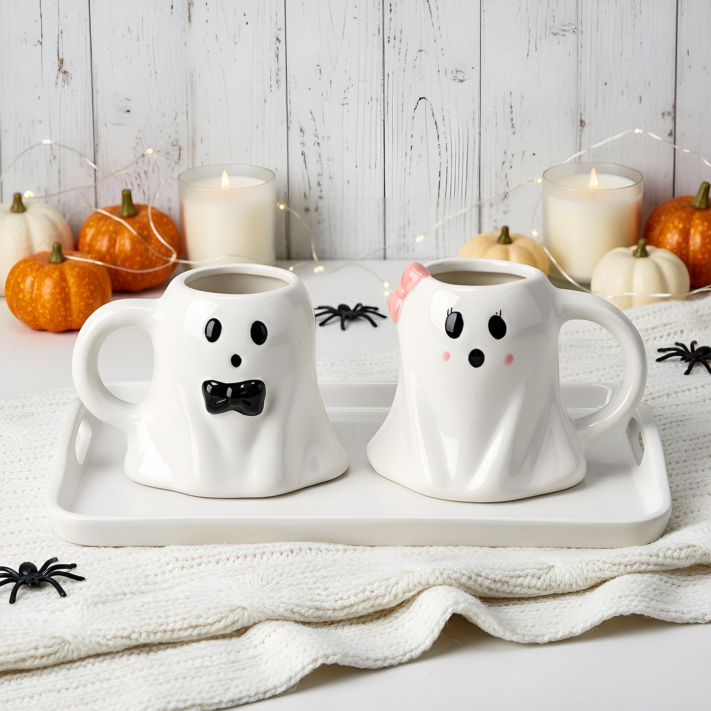 Baderke 2 Pcs 12 oz Halloween Ghost Mugs Spooky Mr and Mrs Coffee Cups Boo Ceramic Gifts for Couple Him Her Bachelorette Wedding Party Favors