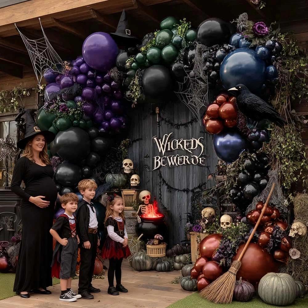 Halloween Balloon Arch Double Stuffed, Dark Green Navy Blue Burgundy Purple Black Balloon Garland Kit for Halloween Birthday Witch Gothic Spooky Magic Party Decoration