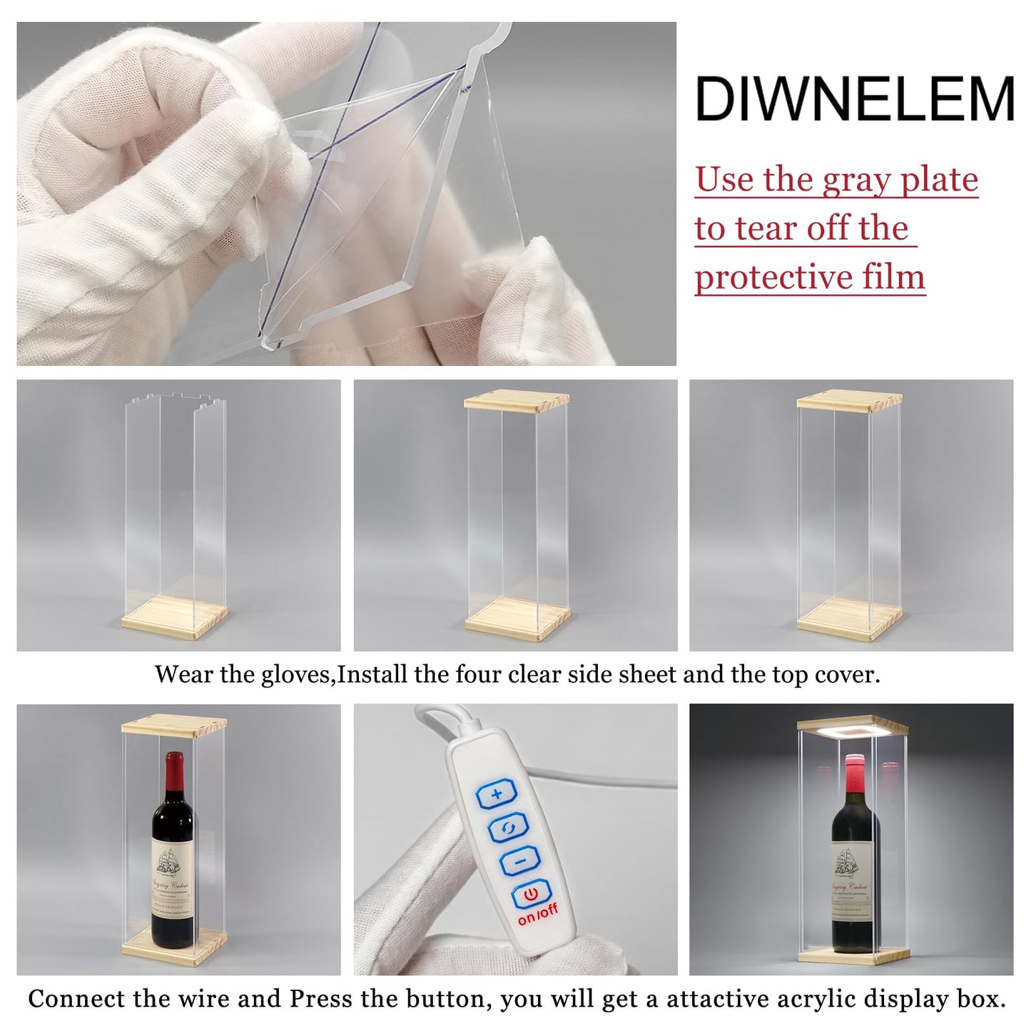 DIWNELEM Wood Acrylic Wine Bottle Display Case with LED Light Acrylic Wine Glass Holder Wine Display Case Dustproof for Red Wine,Champagne,Liquor,Whiskey,Beer,Beverage Bottle (5.1*5.1*14.2")