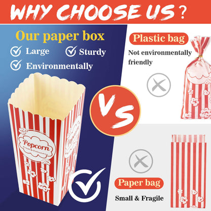 MAQIHAN 50 Popcorn Boxes Easy Assembly - 46oz Square Popcorn Bowls Square Buckets Containers Tub Paper Cups Holders Disposable Halloween Carnival Christmas Movie Night Party Individual Servings
