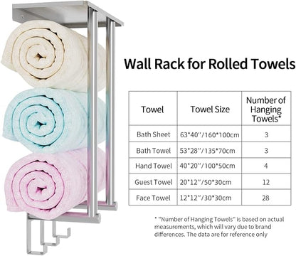 Towel Racks for Bathroom Wall Mounted, Bethom Towel Rack with Shelf and 3 Hooks, Brushed Nickel Towel Storage Holder Wall for Large Rolled Towels