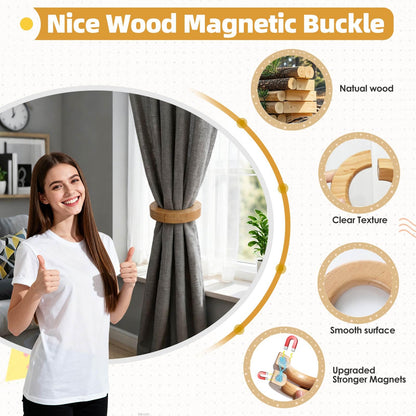 Magnetic Wood Curtain Holdbacks 1Pair – Strong Retro Tiebacks for Drapes, Window & Door, Use as Pants Hanger or Scarf Rack, European Style Organizer for Home, Nursery, Office (Wood)