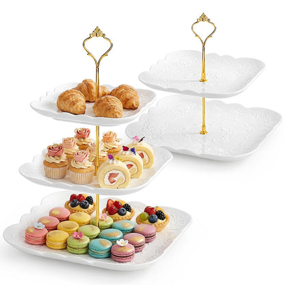 SOUJOY Ceramic Cupcake Stand Set of 2, White Embossed Cupcake Display Holders with Gold Rod, 3 Tier and 2 Tier Square Porcelain Dessert Stands for Birthday Tea Party Wedding Baby Shower