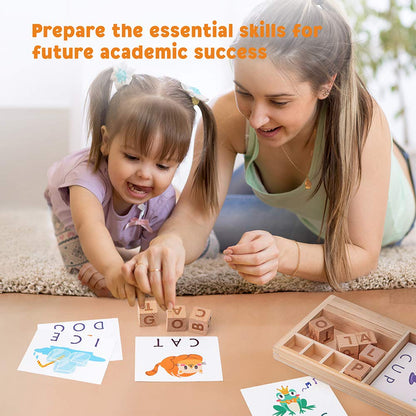 Coogam Spelling Games, Wooden Matching Letters Toy with Flash Cards Words, Montessori ABC Alphabet Learning Educational Puzzle Gift for Preschool Boys Girls Kids Age 3 4 5 Years Old