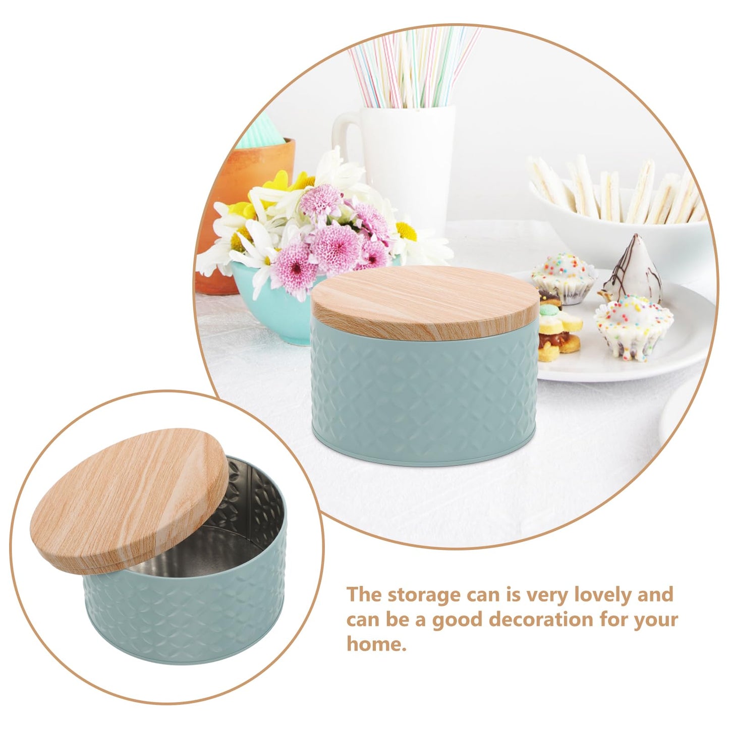 Lurrose Small Round Cookie Tins with Wood Lids Airtight, 6"D x 8"H Metal Cookie Jar, Small Empty Biscuit Tin Tinplate, Foods Storage Container Tin for Candy Cookies, Tea Canister(Blue)