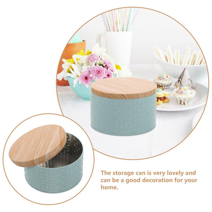 Lurrose Small Round Cookie Tins with Wood Lids Airtight, 6"D x 8"H Metal Cookie Jar, Small Empty Biscuit Tin Tinplate, Foods Storage Container Tin for Candy Cookies, Tea Canister(Blue)
