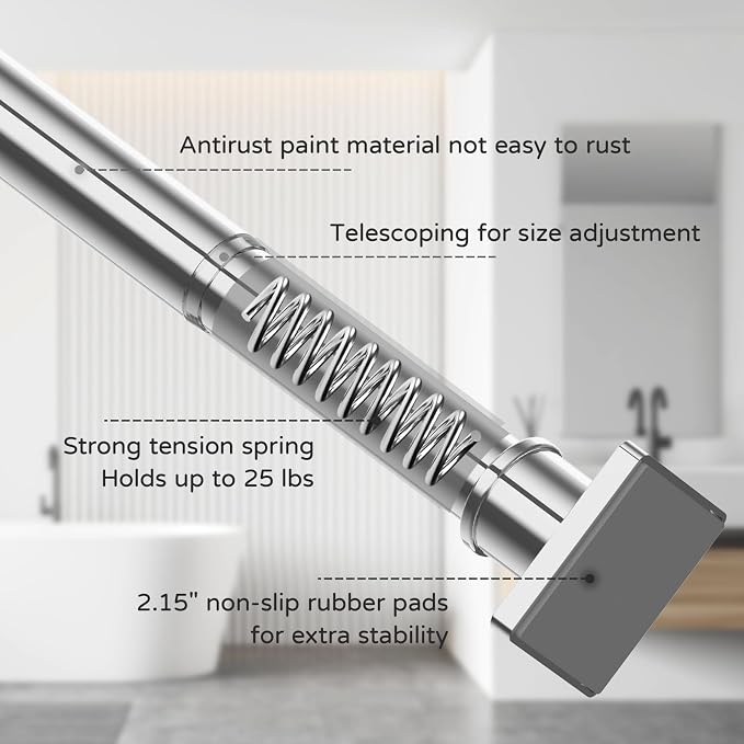 UIOSANRT Stainless Silver Shower Curtain Rod 31-92 Inches Non-Slip Shower Rod Tension Mounted No Drill Shower Curtain Rods Spring Tension Rod Adjustable for Windows Bathroom